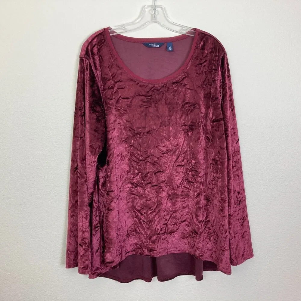 Great Northwest Indigo Women's Shirt Size 1X Burgundy Stretch Crushed Velvet